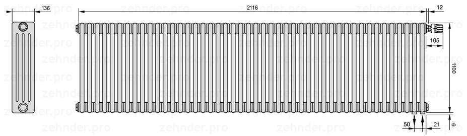 Схема (чертеж) Радиатор Zehnder Charleston 4110/46 №V002 Белый глянцевый RAL 9016